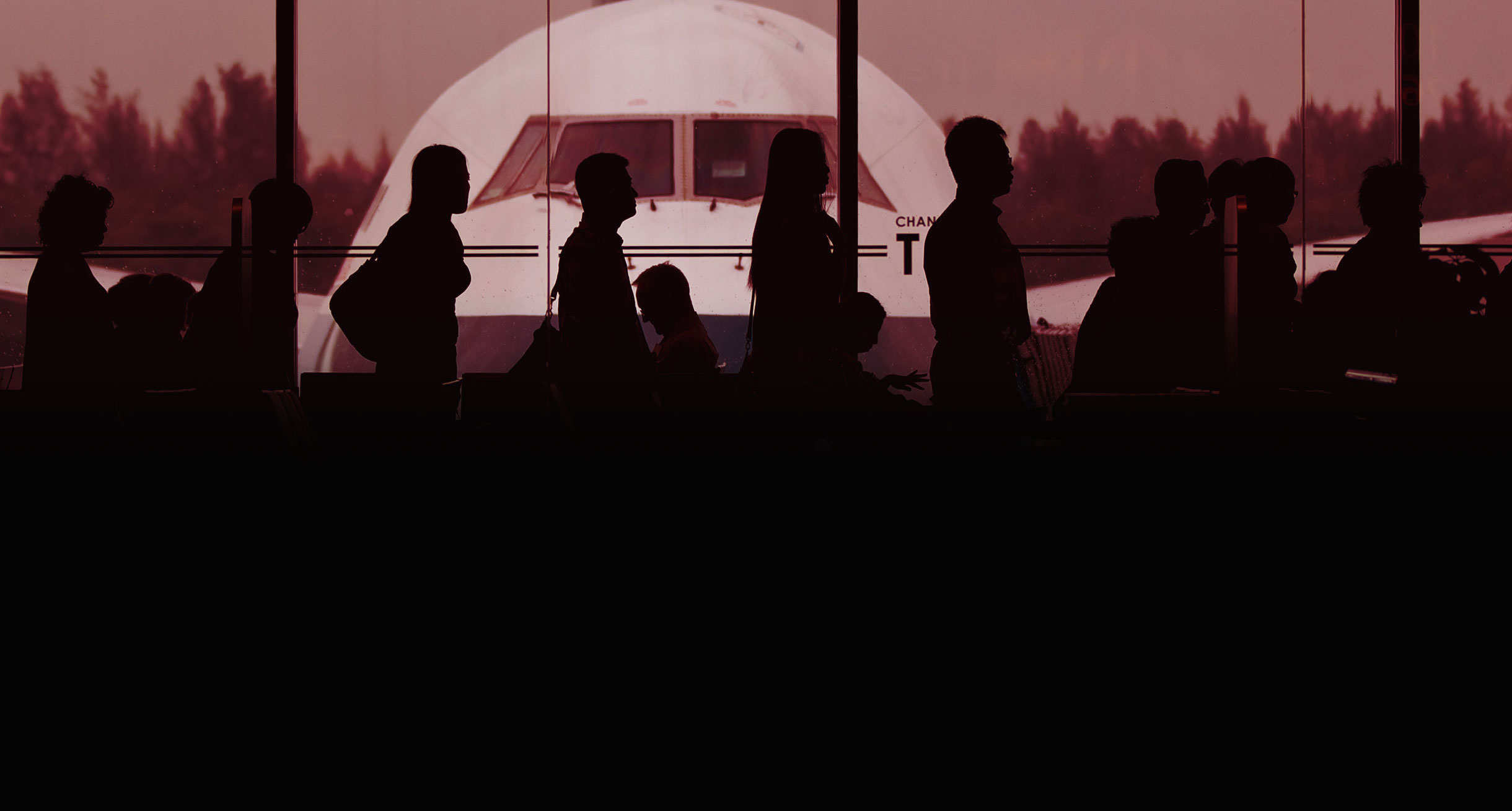 Silhouettes of a line of passengers waiting to board a plane